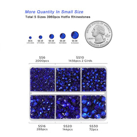 BEADSLAND mixed-size rhinestones laid out with ruler showing SS6 to SS30 scale for planning