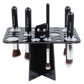 BEAKEY front view of black 28-hole brush drying rack for organized drying