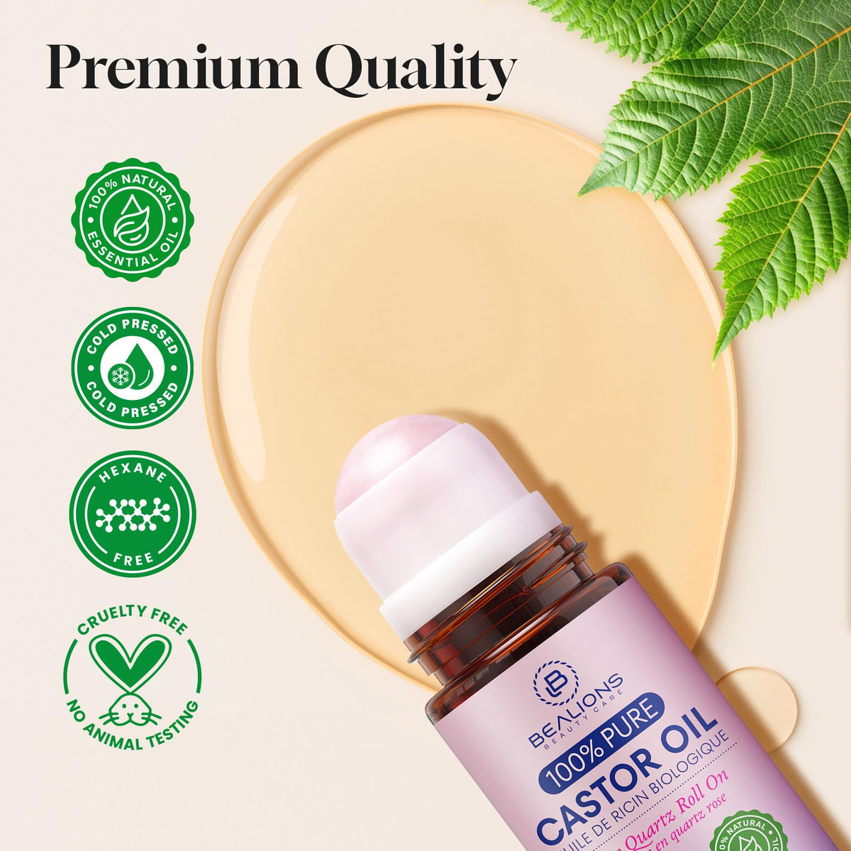 Bealions castor oil texture pour demonstrating pure, cold-pressed quality
