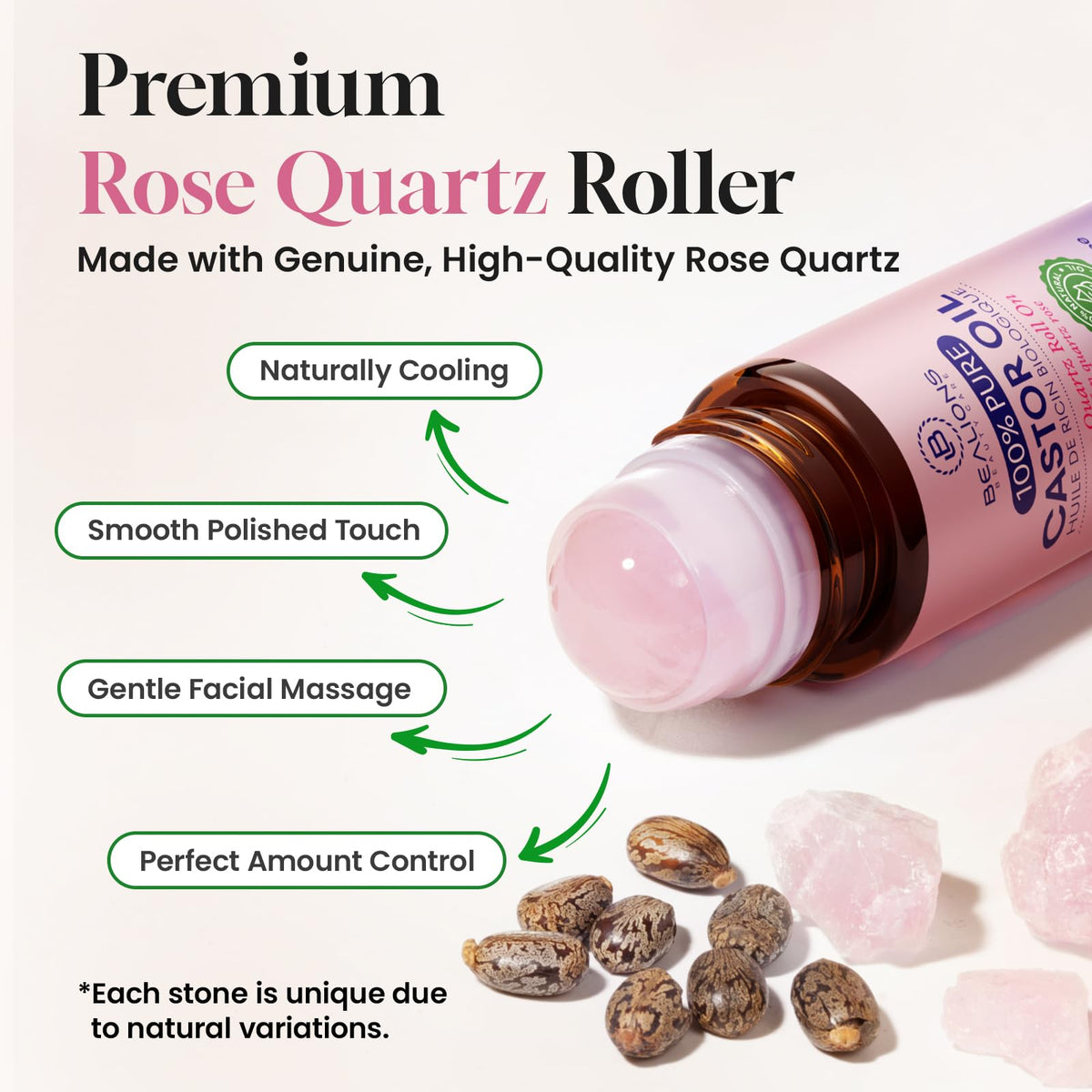 Bealions rose quartz roll-on closeup for cooling, precise application