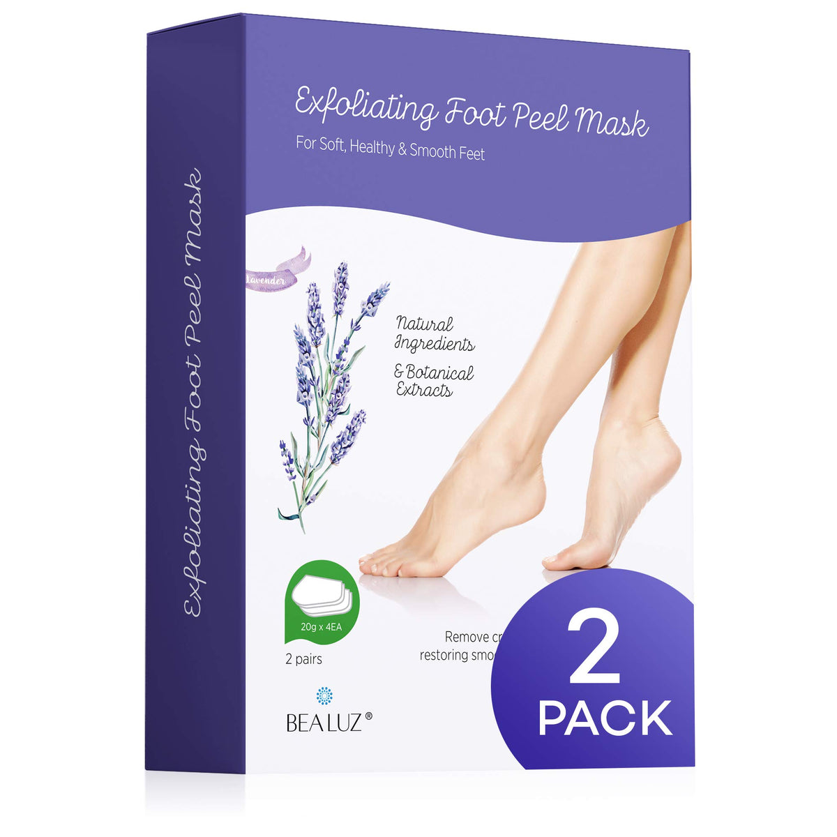 Bealuz front packaging showing two lavender-scented exfoliating foot booties benefit clear labeling