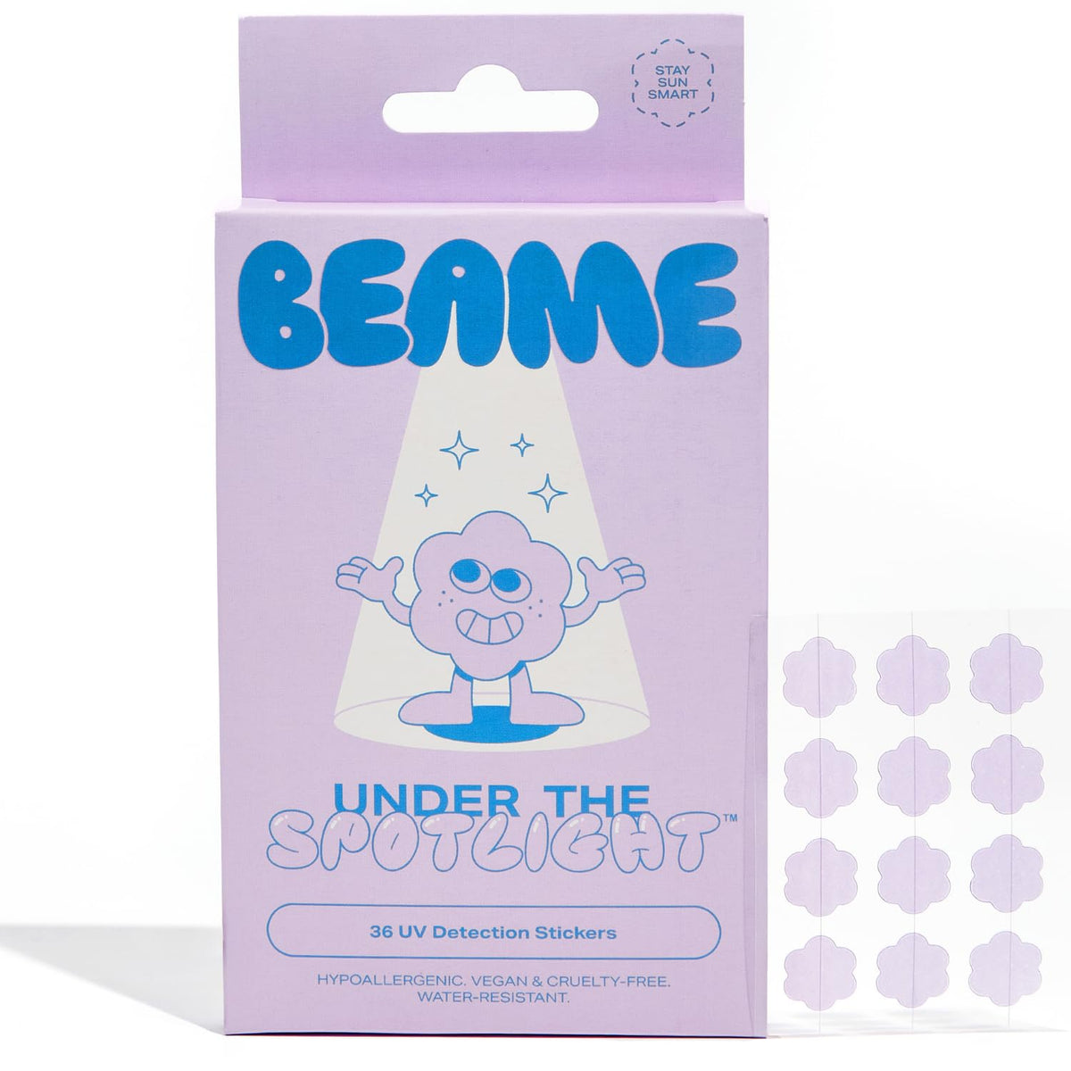 BEAME front packaging showing 36 stickers and easy SPF reminders