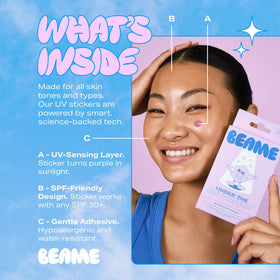 BEAME packaging label closeup showing skin-safe and vegan benefits
