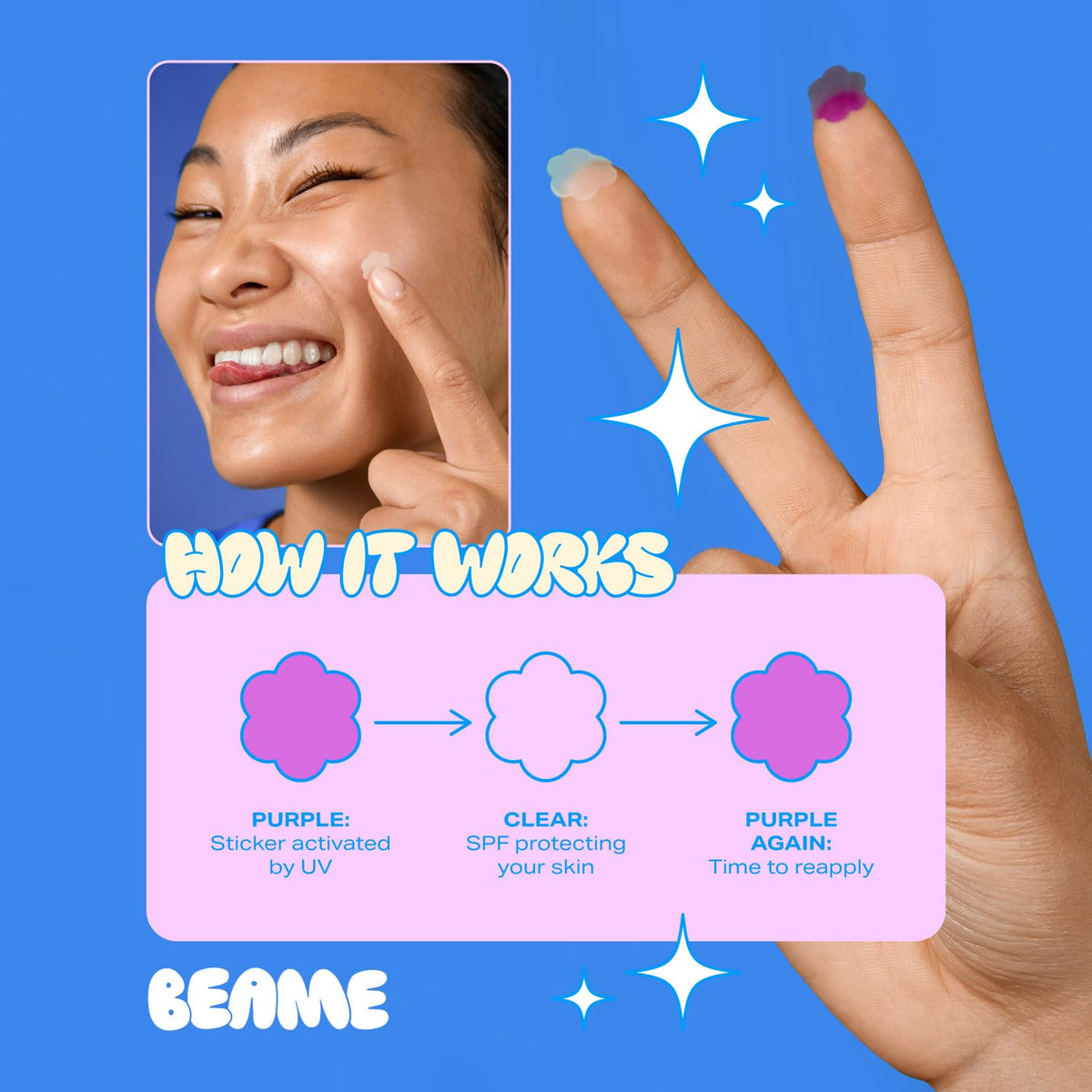 BEAME sticker on skin at beach illustrating reapply cue benefit
