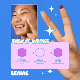 BEAME sticker on skin at beach illustrating reapply cue benefit