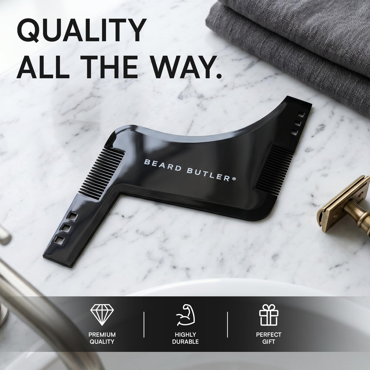 Beard Butler held in hand to show size and ease of use for quick shaping