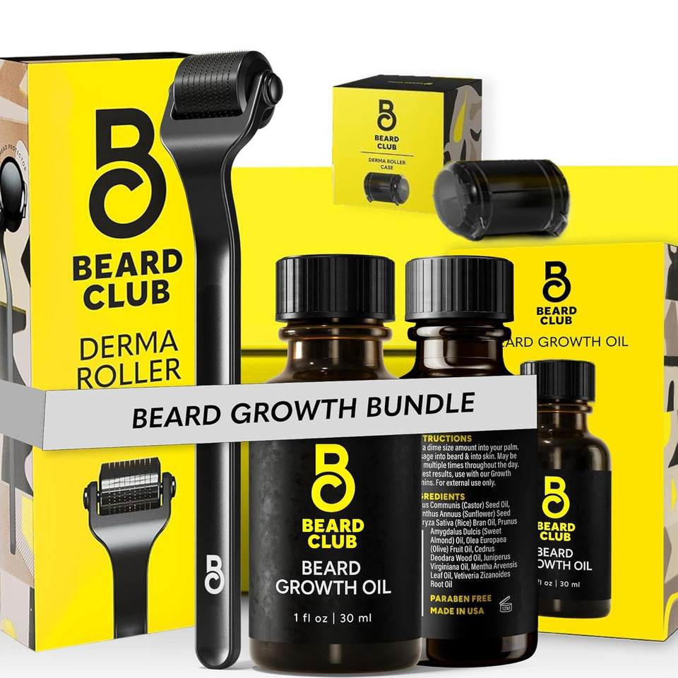 The Beard Club derma roller front view showing compact head and metal handle for better control