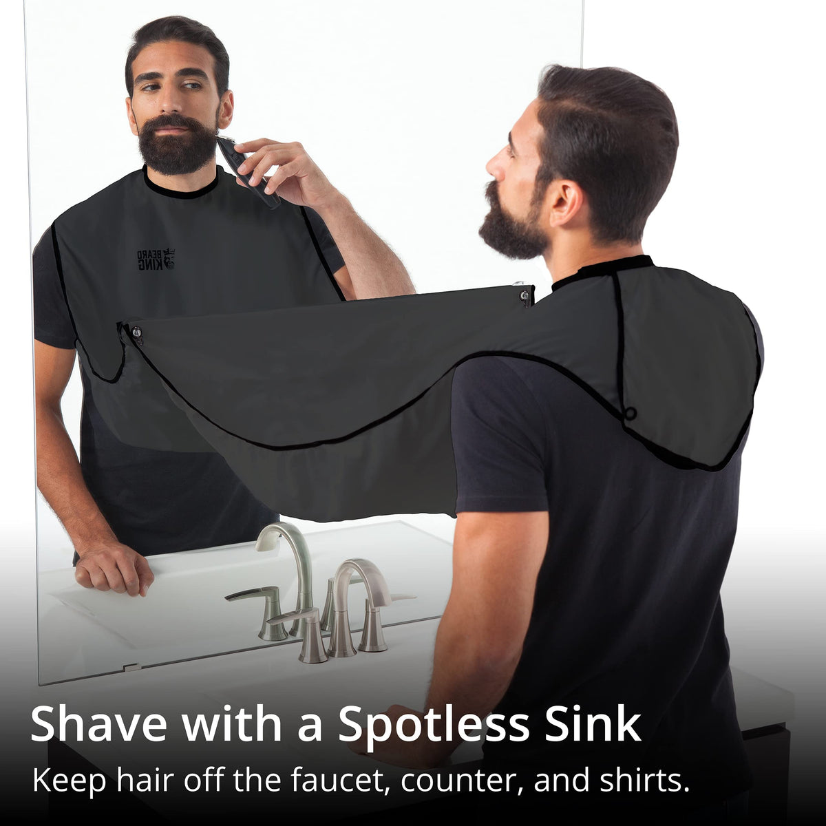 BEARD KING in use mounted to a mirror collecting trimmed beard hair cleanly