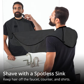 BEARD KING in use mounted to a mirror collecting trimmed beard hair cleanly