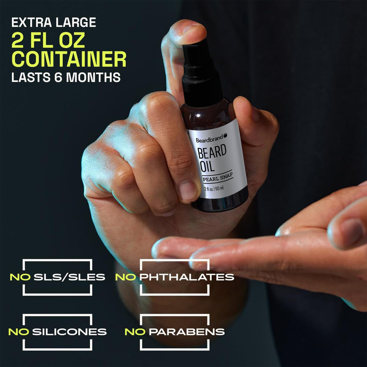 Beardbrand label close-up highlighting jojoba and vitamin E ingredients benefit