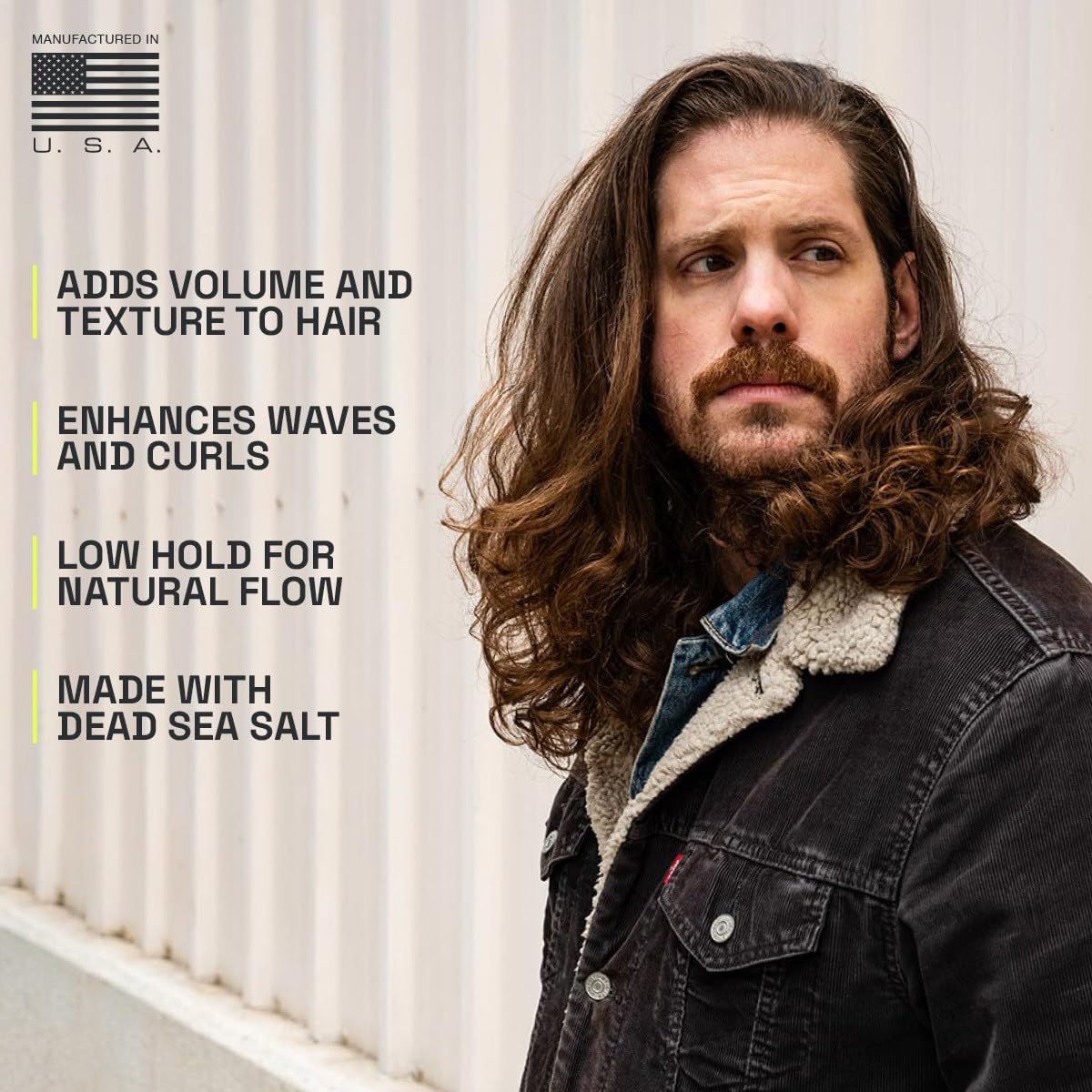 Beardbrand styled dry hair with beachy texture, demonstrates flexible hold