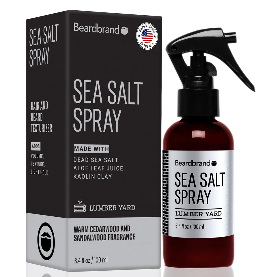 Beardbrand front packaging showing bottle and label, highlights transportable styling