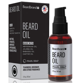 Beardbrand bottle front view showing teakwood scent and benefits