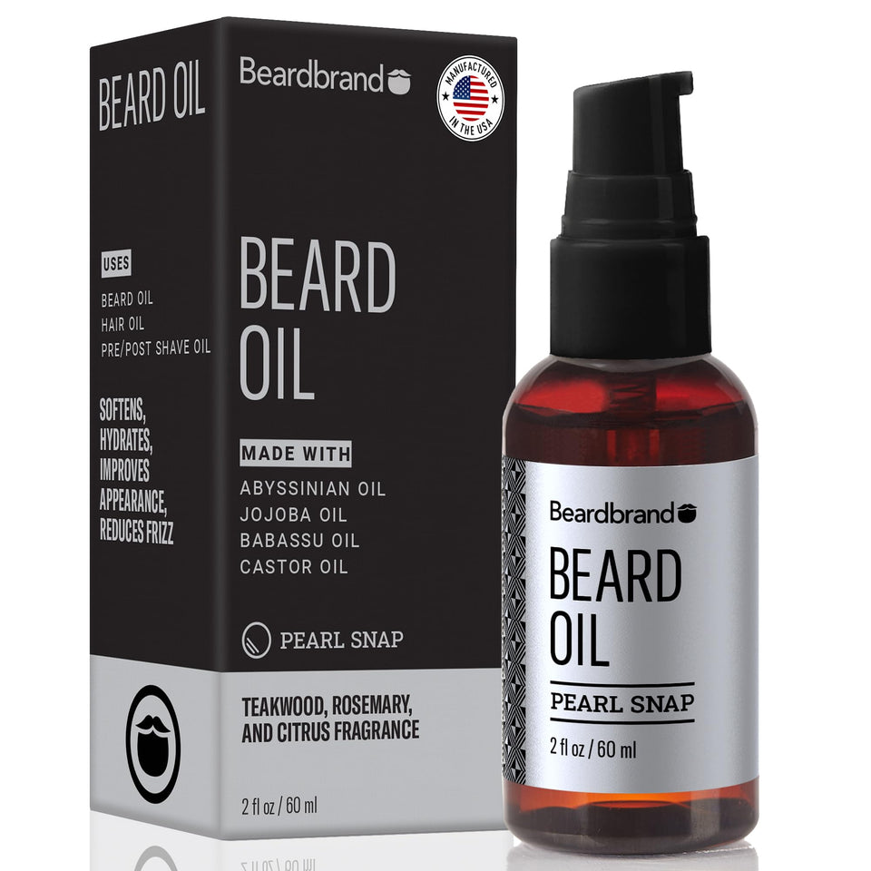 Beardbrand bottle front view showing teakwood scent and benefits