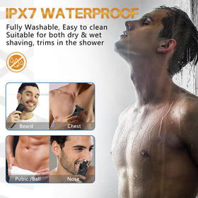 Beatslm trimmer in shower use demonstrating IPX7 waterproof cleaning and wet use
