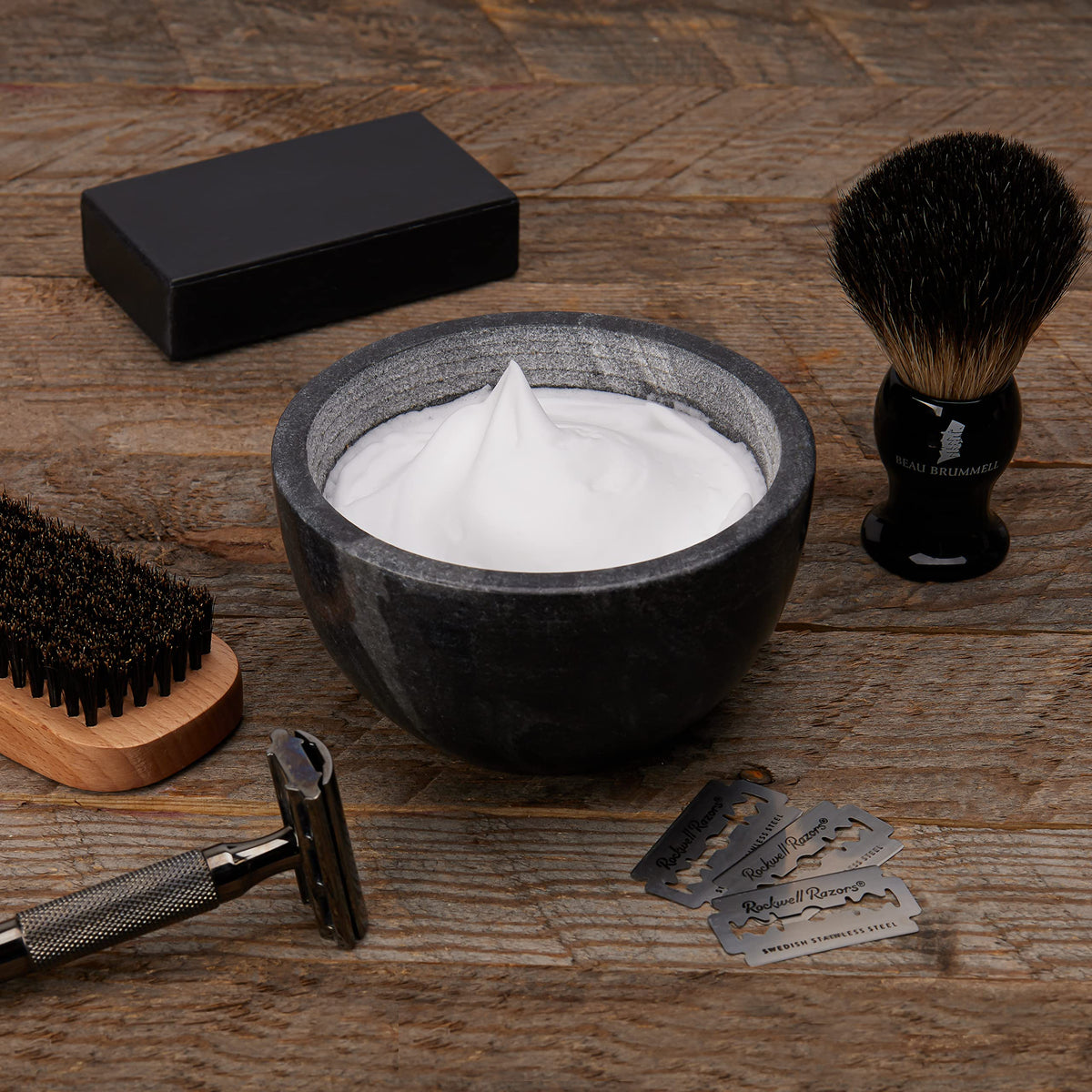Beau Brummell displayed in bathroom setting adding classic grooming style