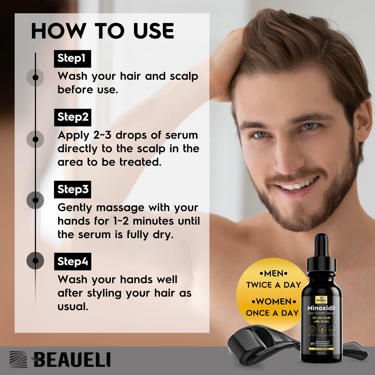 beaueli dropper applying serum to beard showing patch coverage benefit