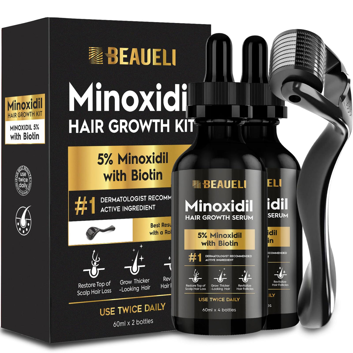 beaueli front packaging showing two black bottles and kit benefits