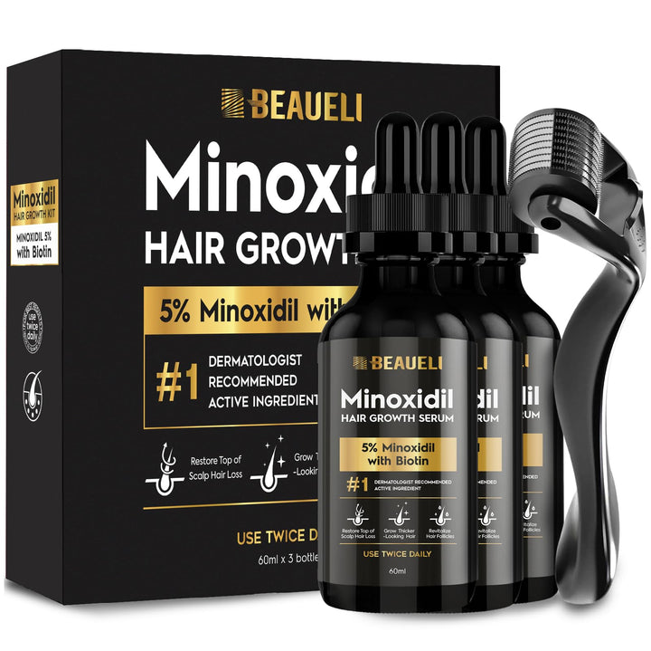 beaueli front packaging showing three bottles and tidy grooming kit benefit