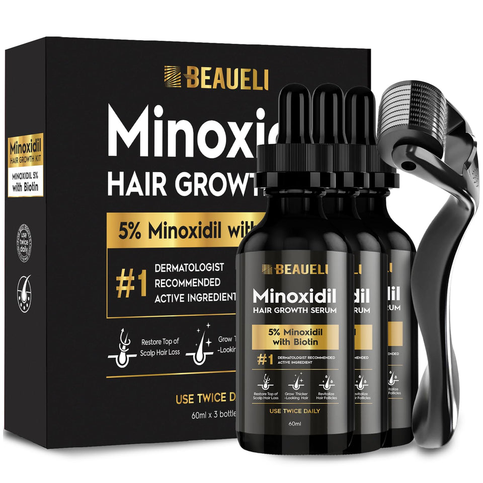 beaueli front packaging showing three bottles and tidy grooming kit benefit