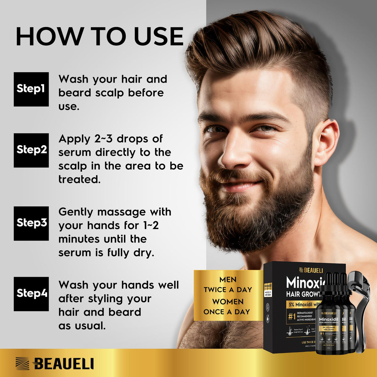 beaueli label detail showing product name and clear instructions benefit