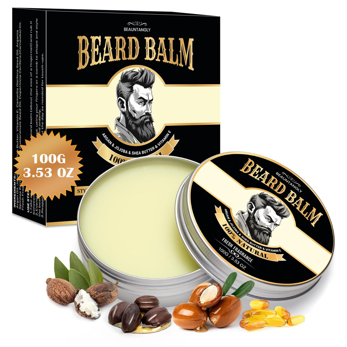 Beauntangly front tin view showing product label and compact size, easy storage benefit