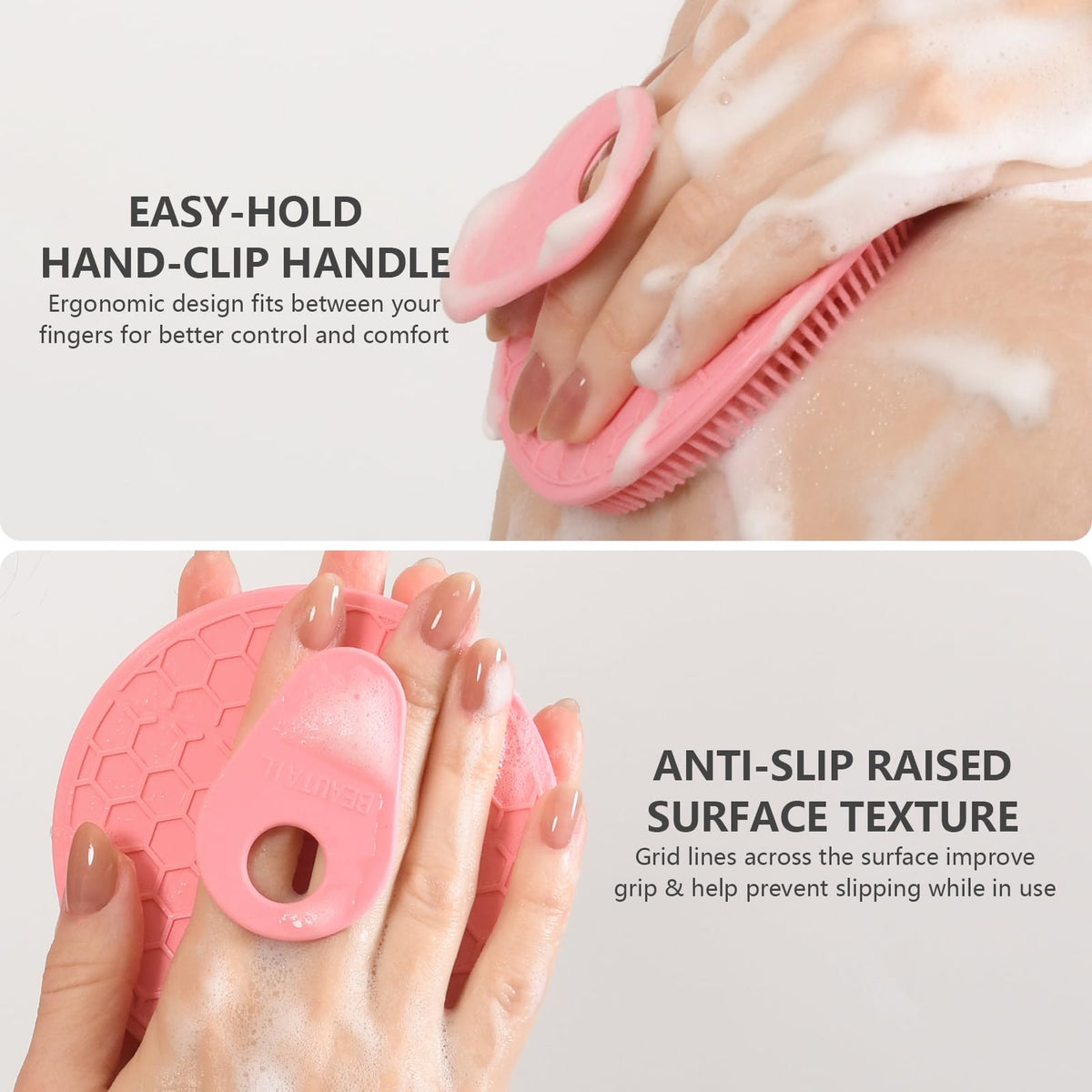 BEAUTAIL scrubber hanging by hole to dry fast and resist bacteria between uses