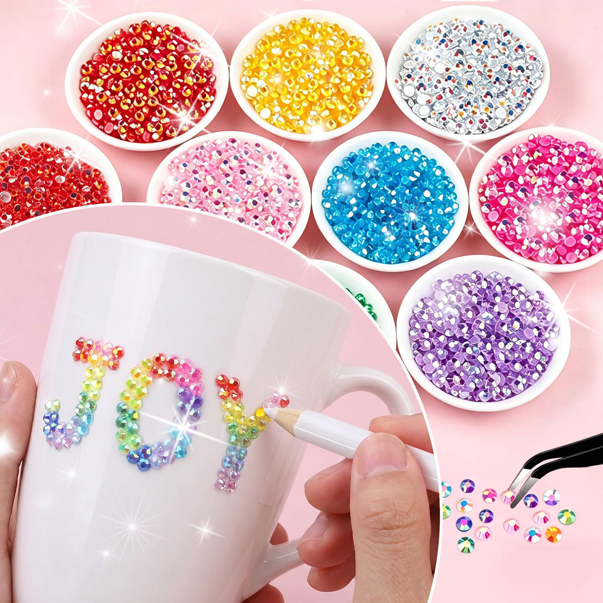 Beauterra arranged 48-color rhinestone swatches displaying vibrant hues for detailed designs