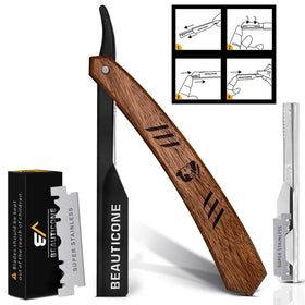Beauticone front view showing wooden handle and shavette head for balanced control