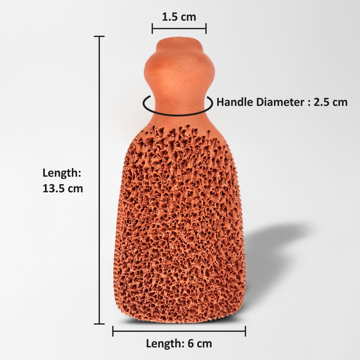Beauticone pumice stone beside a hand showing scale so buyers can judge size and grip comfort