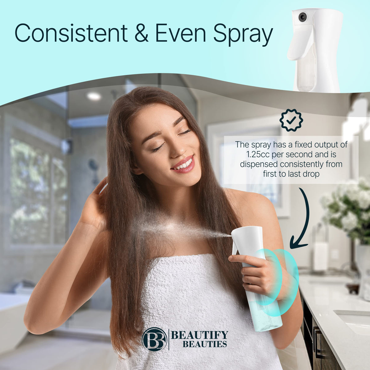 BeautifyBeauties nozzle close-up highlighting fine-mist mechanism for even sprays