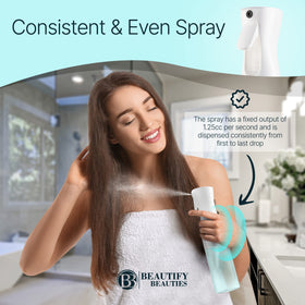 BeautifyBeauties nozzle close-up highlighting pre-compression sprayer benefit: consistent mist
