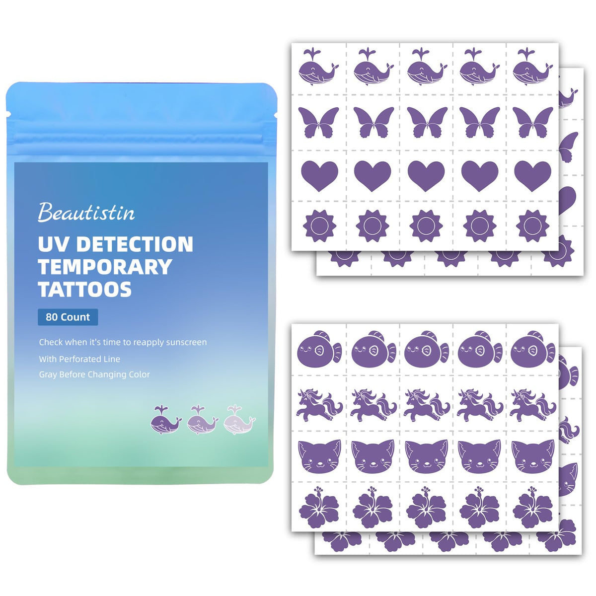 Beautistin front packaging showing 80-count UV tattoo stickers and convenience