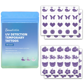 Beautistin front packaging showing 80-count UV tattoo stickers and convenience