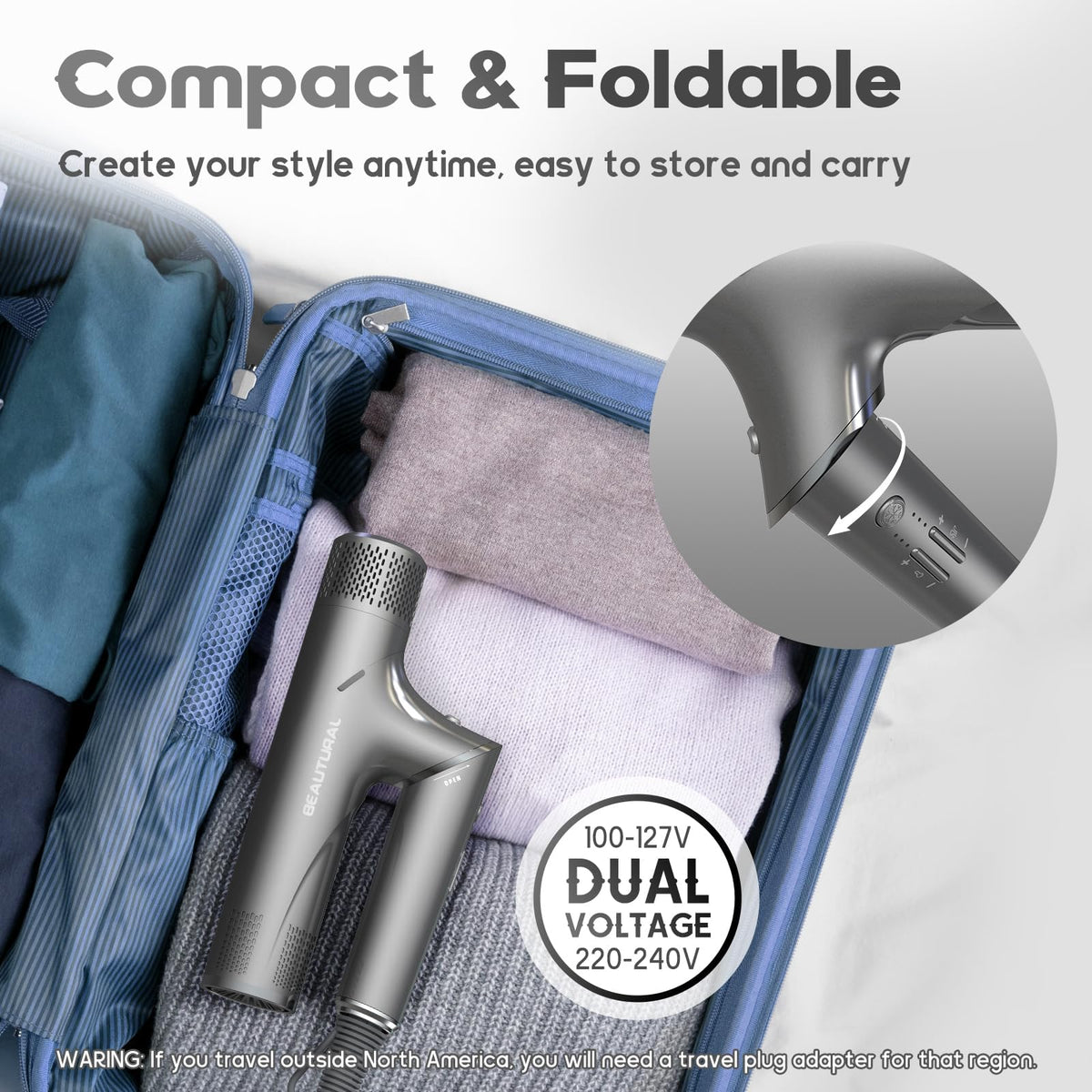 BEAUTURAL held in hand to show compact size for travel convenience