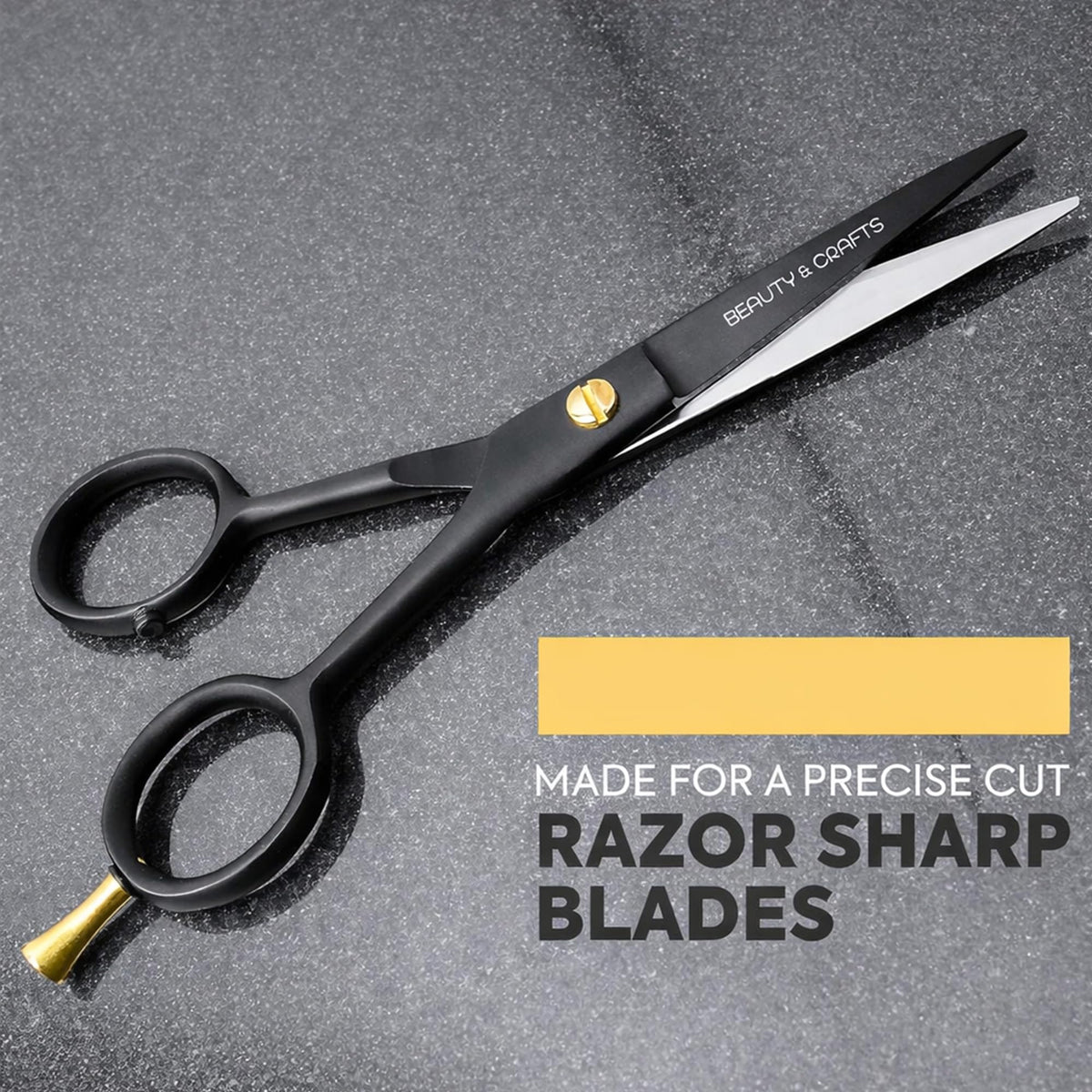 Beauty & Crafts scissors trimming a mustache to show accurate shaping and neat results
