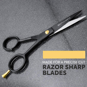 Beauty & Crafts scissors trimming a mustache to show accurate shaping and neat results