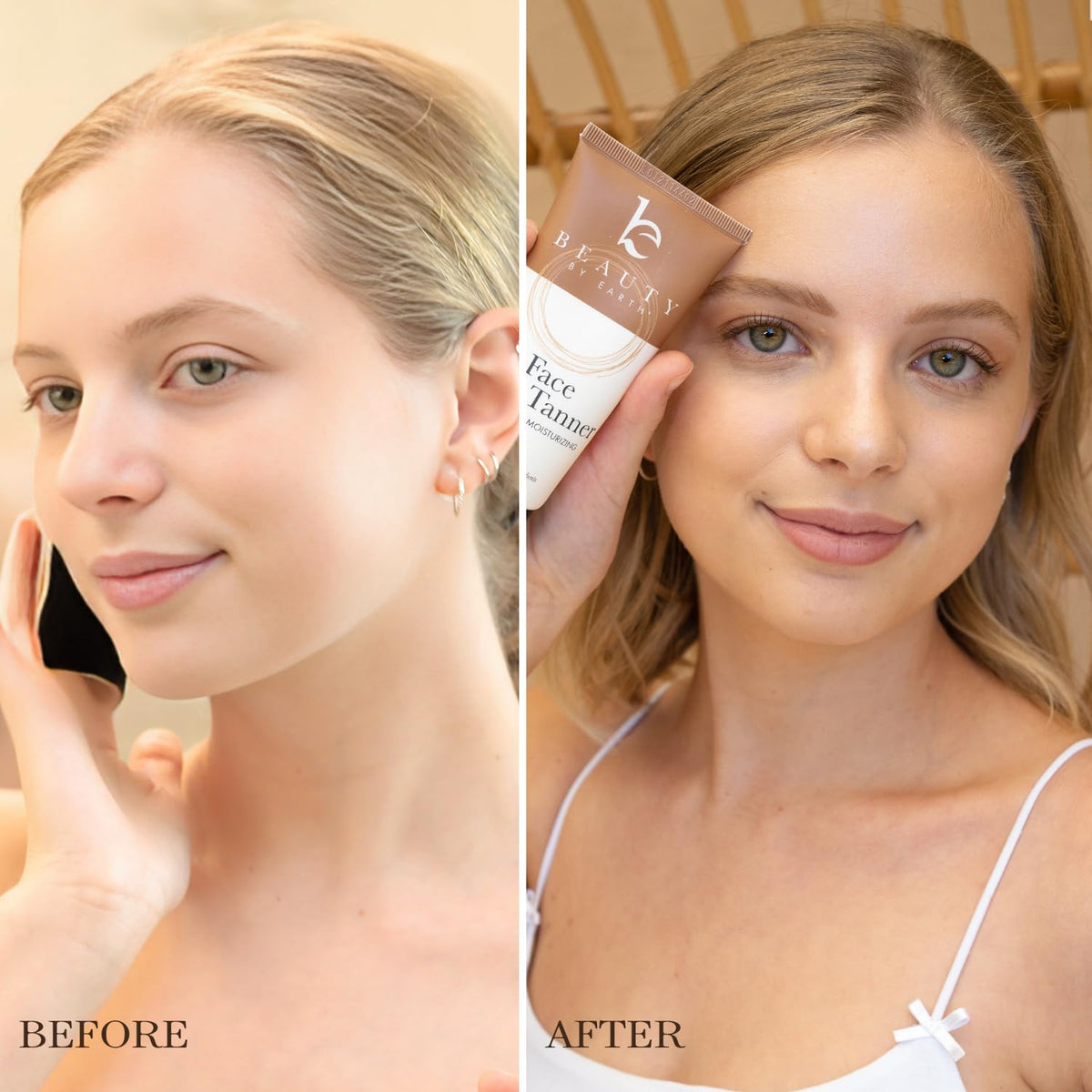 Beauty by Earth applying self tanner with mitt for even coverage and seamless finish