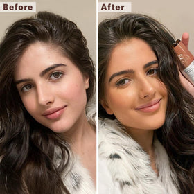 Beauty by Earth split before and after face demonstrating subtle, even bronzing