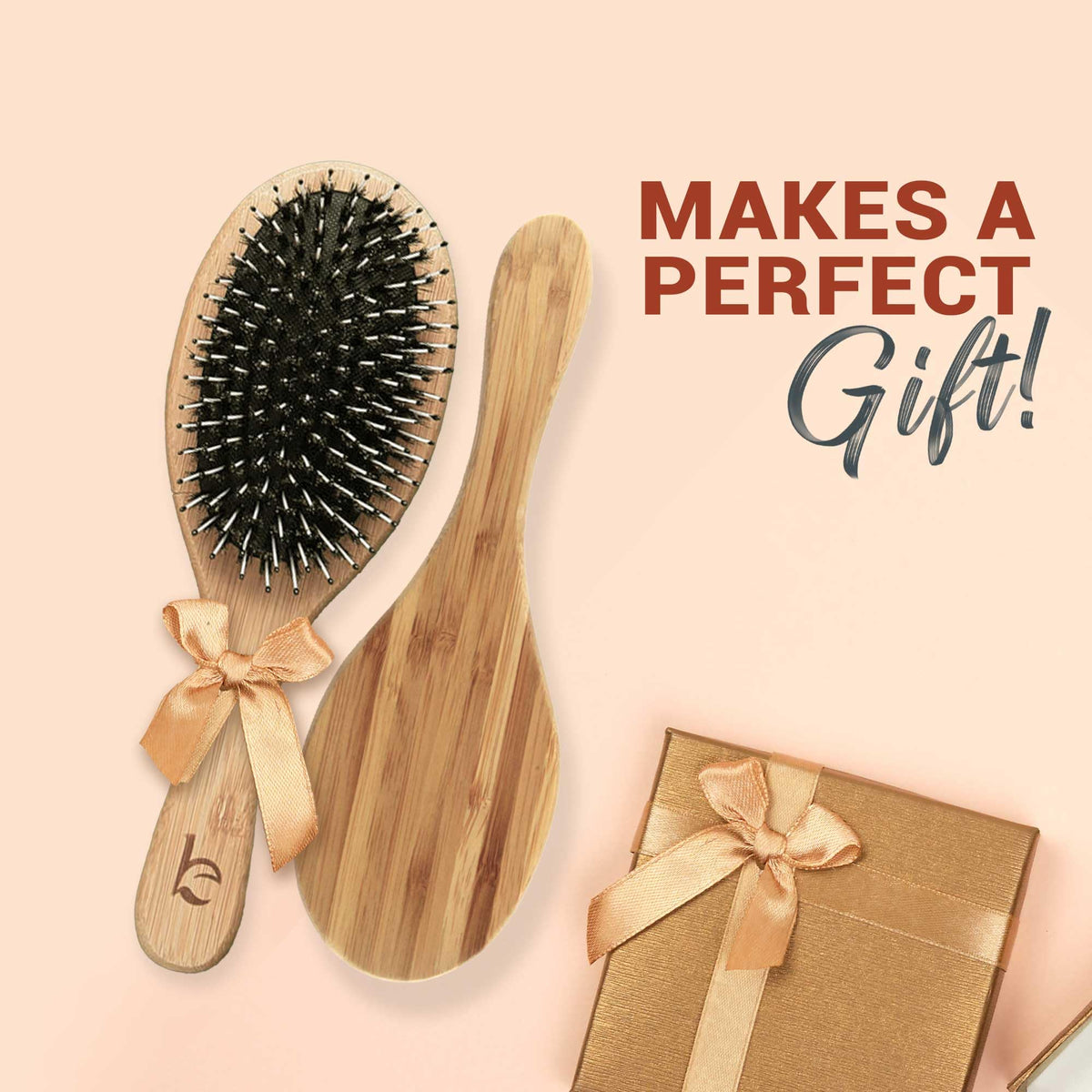Beauty by Earth label and materials shot highlighting boar bristles and bamboo handle quality benefit