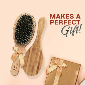 Beauty by Earth label and materials shot highlighting boar bristles and bamboo handle quality benefit