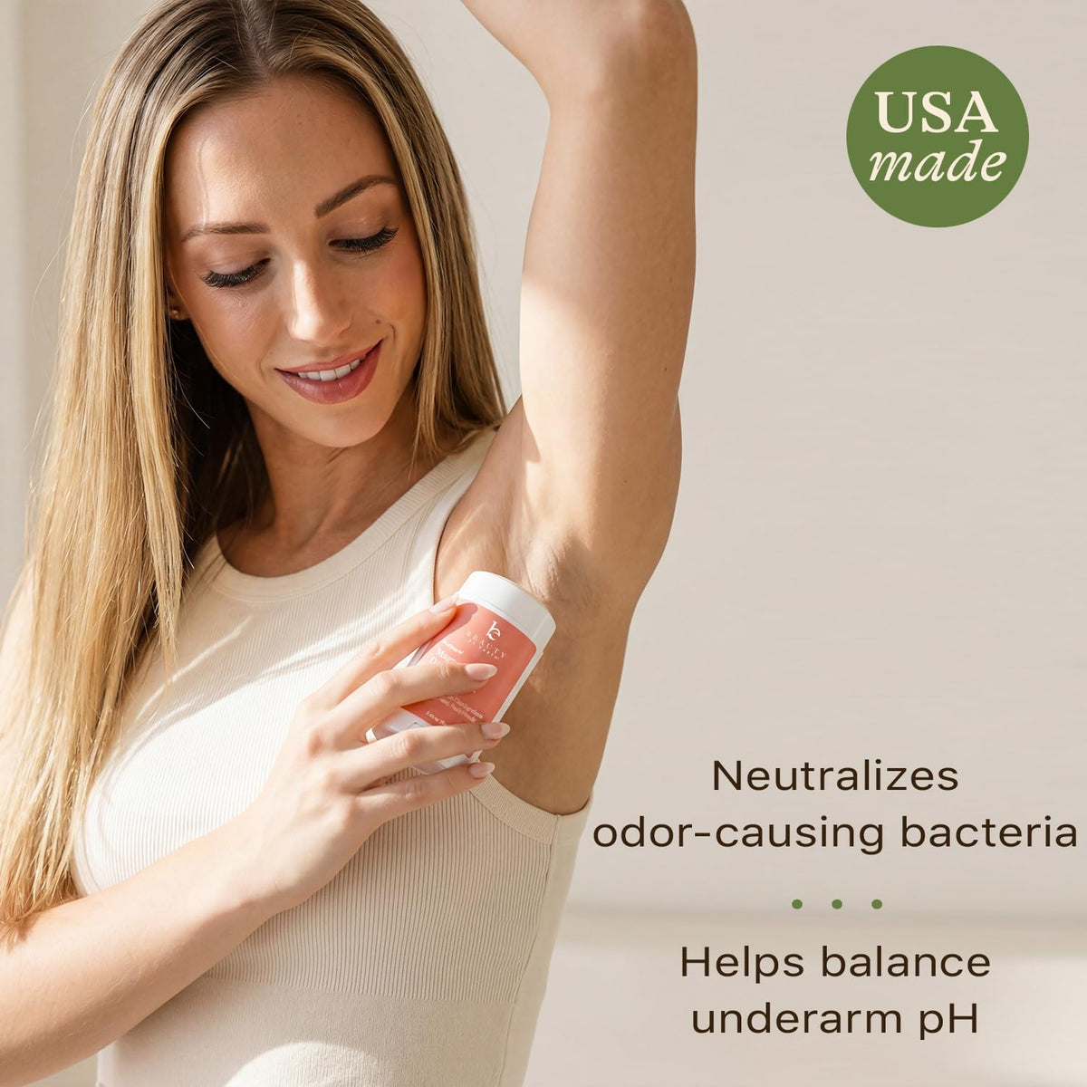 Beauty by Earth applying deodorant underarm for long-lasting freshness