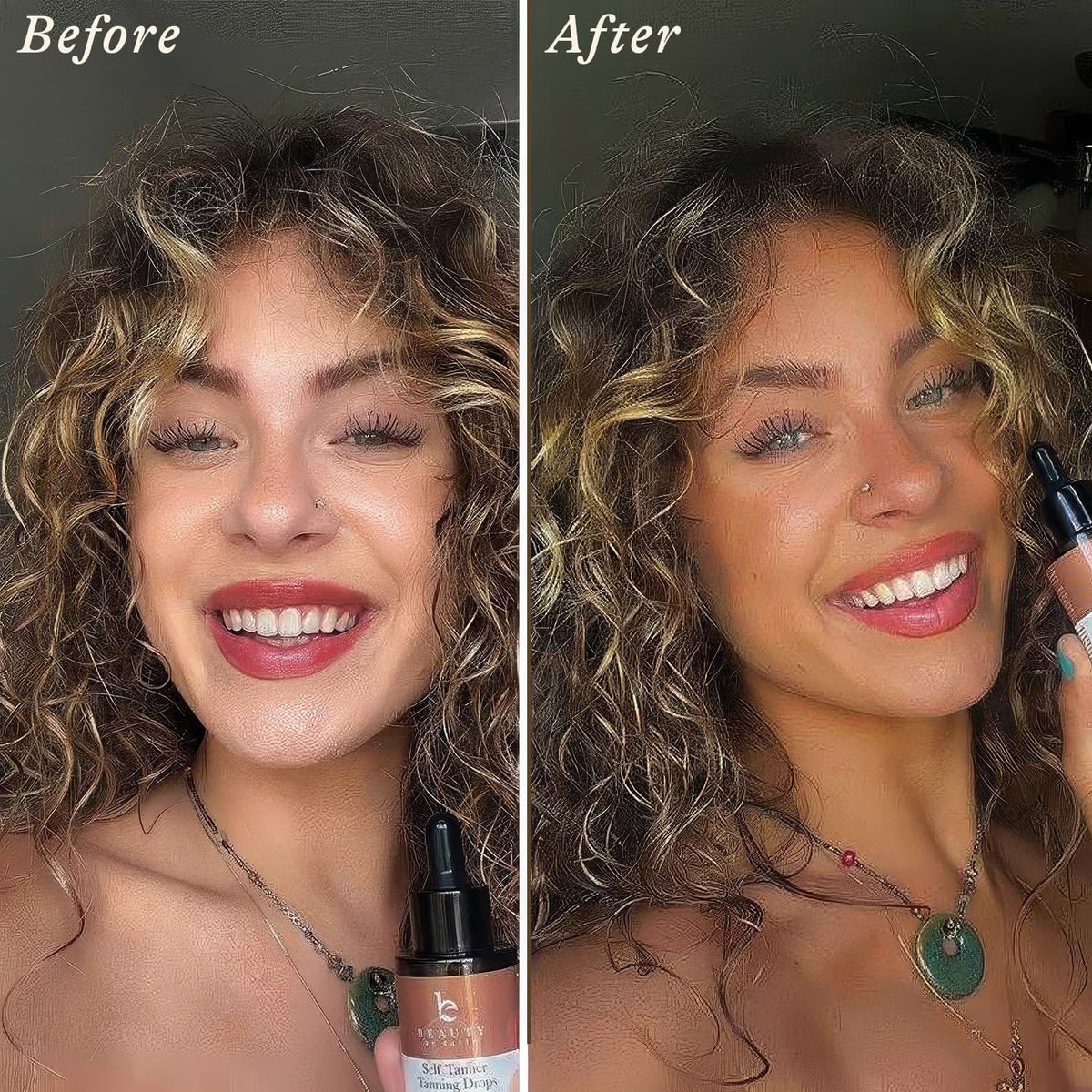 Beauty by Earth dropper close-up dispensing precise tanning drops for control
