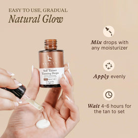 Beauty by Earth applying drops on face with fingers for streak-free finish benefit