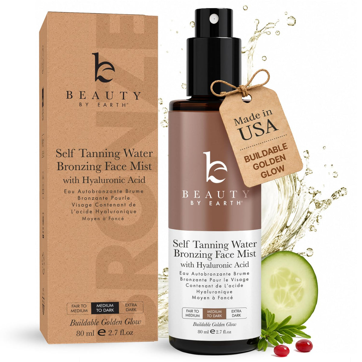 Beauty by Earth front packaging showing bronzing face tanner benefits