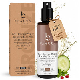 Beauty by Earth front packaging showing bronzing face tanner benefits
