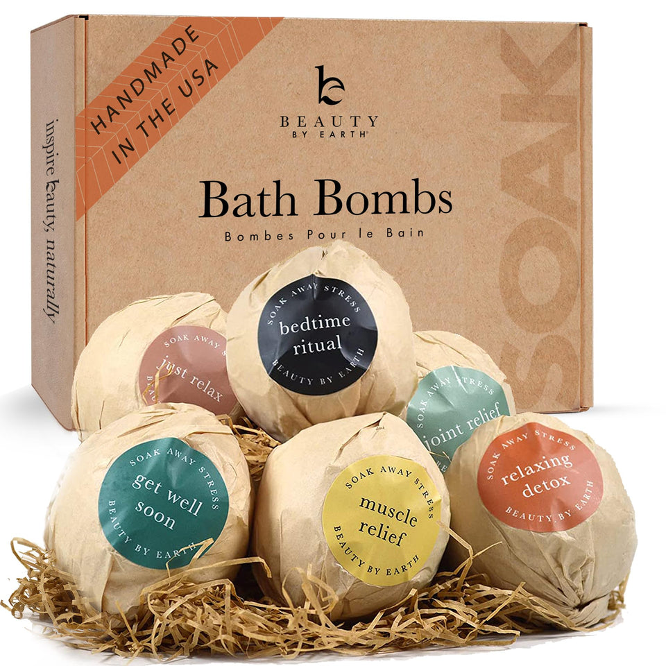 Beauty by Earth front packaging showing gift-ready bath bomb set and benefits