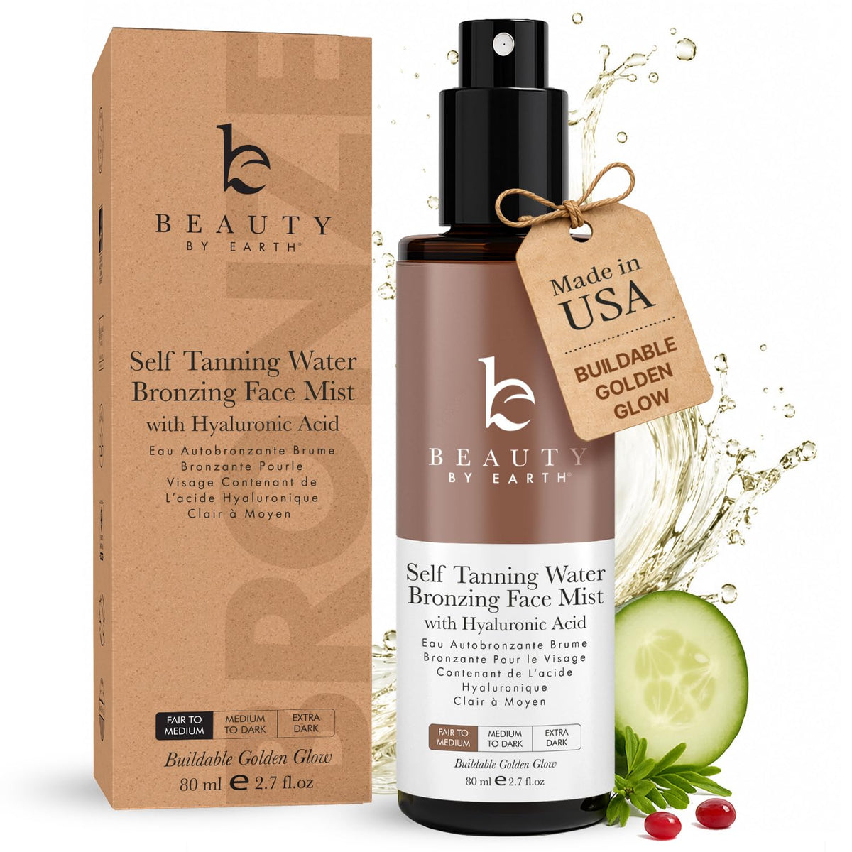 Beauty by Earth front packaging showing bronzing face tanner for fast natural glow