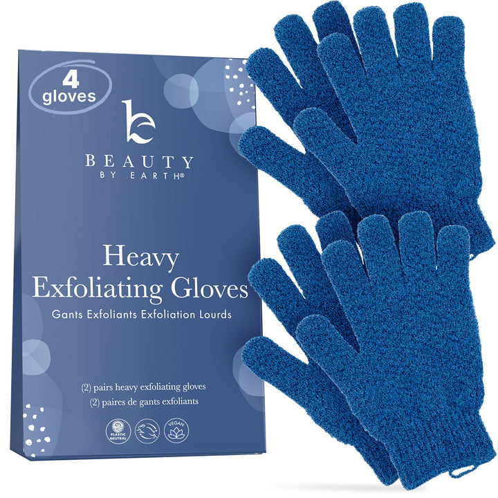Beauty by Earth front packaging showing two pairs of exfoliating gloves for easy replacement