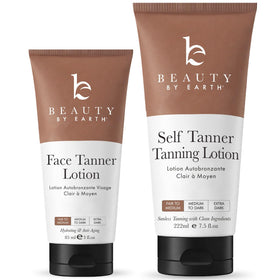 Beauty by Earth front packaging showing face and body bottles and mitt for streak-free color